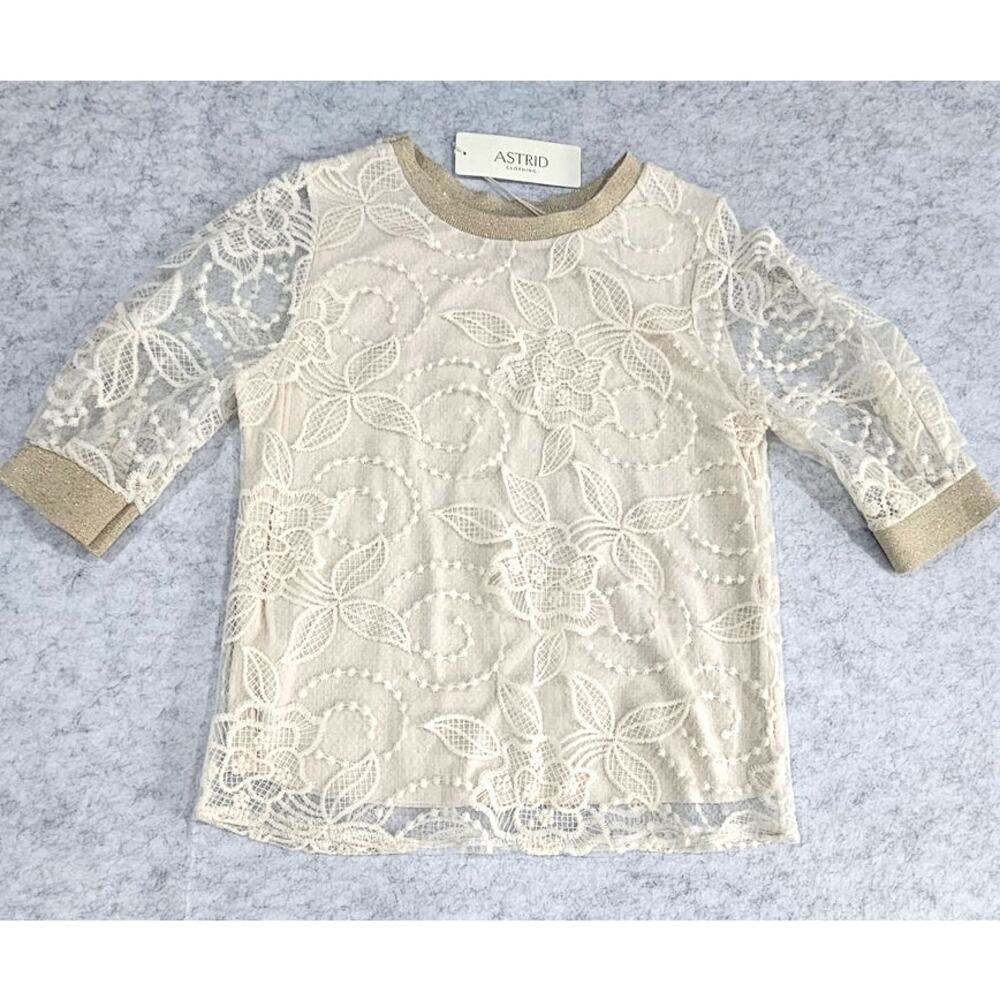 Astrid Floral Lace Overlay Top Metallic Trim Ivory XS Made in Italy NWT